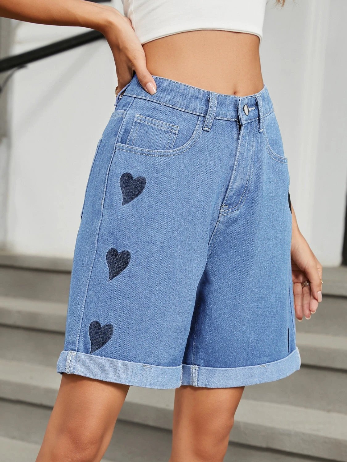 Heart-Pattern Rolled Hem Denim Shorts by Lady Ros