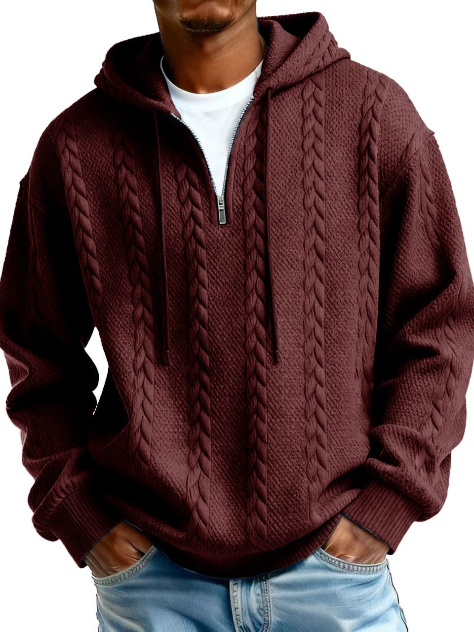 Men's Half-zip Hooded Sweatshirt With Long Sleeves by GJG Denim