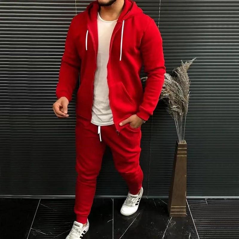 Mens Fashion Solid-Color Casual Hooded Cardigan Set by GJG Denim