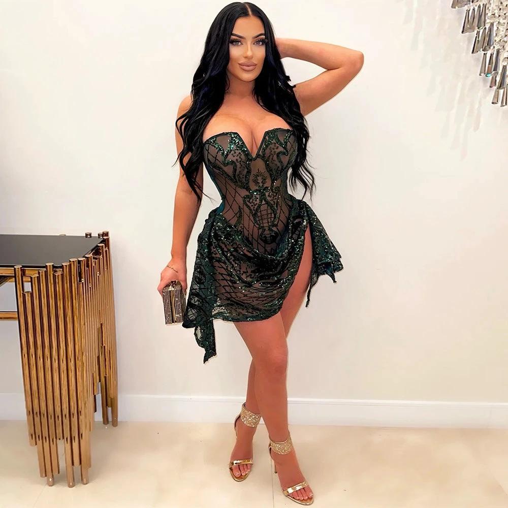 European And American Sexy V-neck Tube Top See-through Sequins Dress Women by GJG Denim