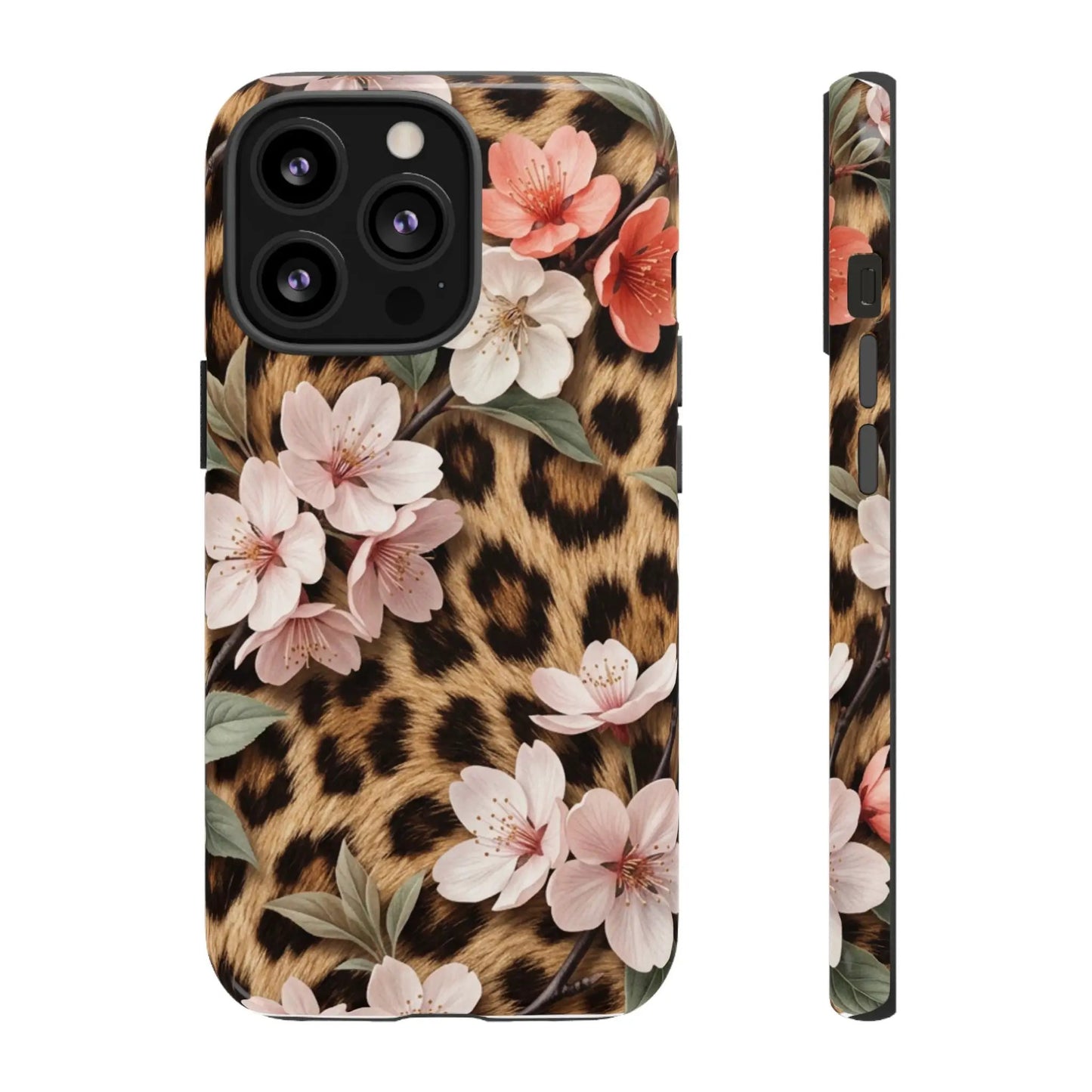 Leopard Floral Tough Case — Protective Phone Case with Pink Cherry Blossoms by Printify