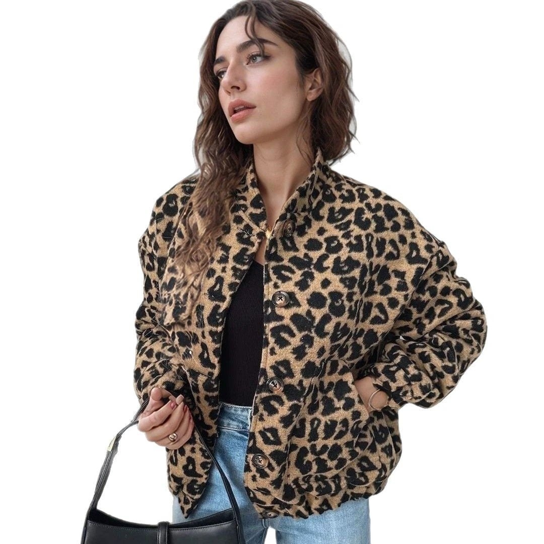 Spring And Autumn Vintage Leopard Print Jacket Coat For Women by GJG Denim
