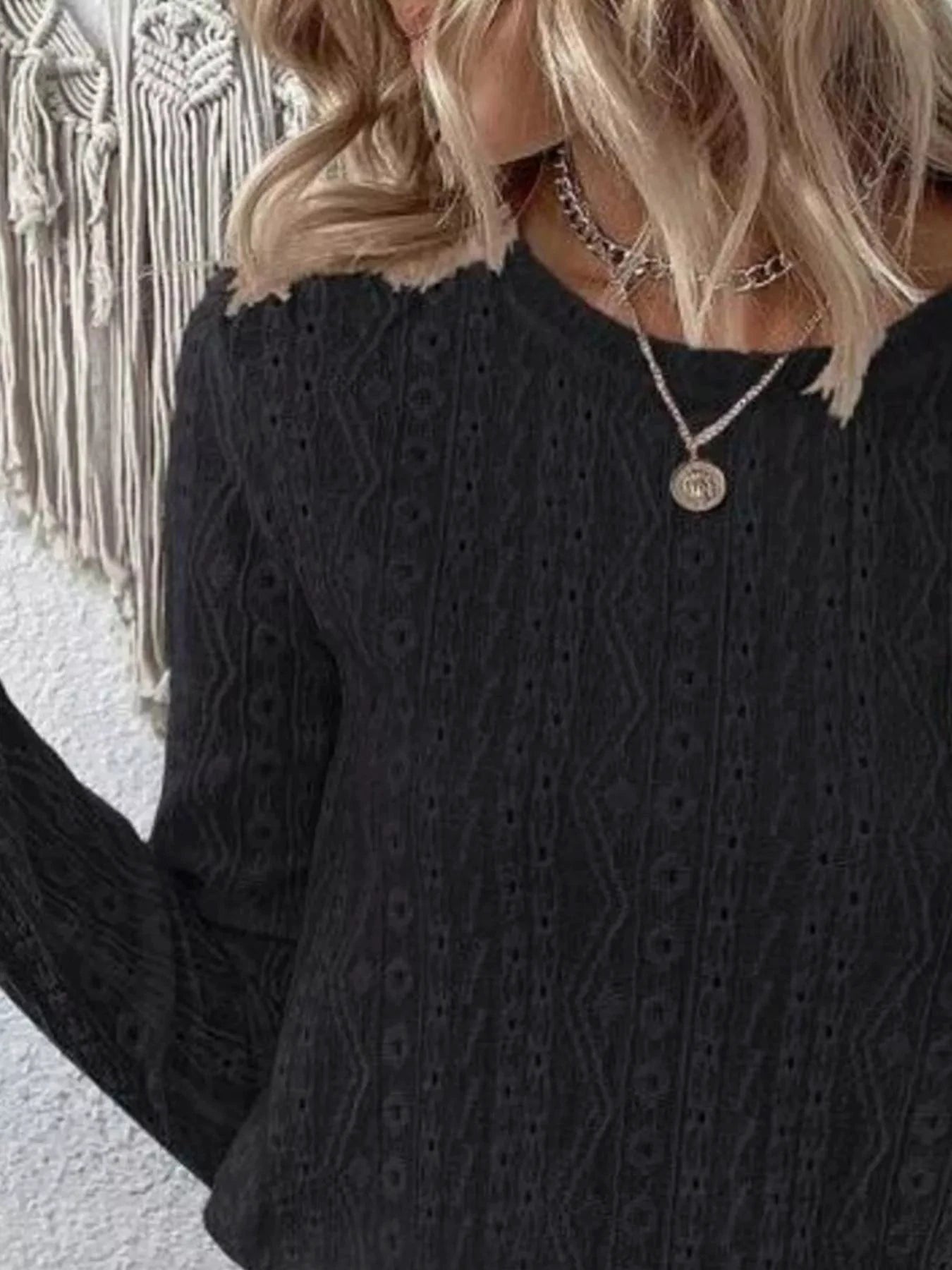 Full Size Eyelet Round Neck Long Sleeve Blouse Plus Size by Lady Ros