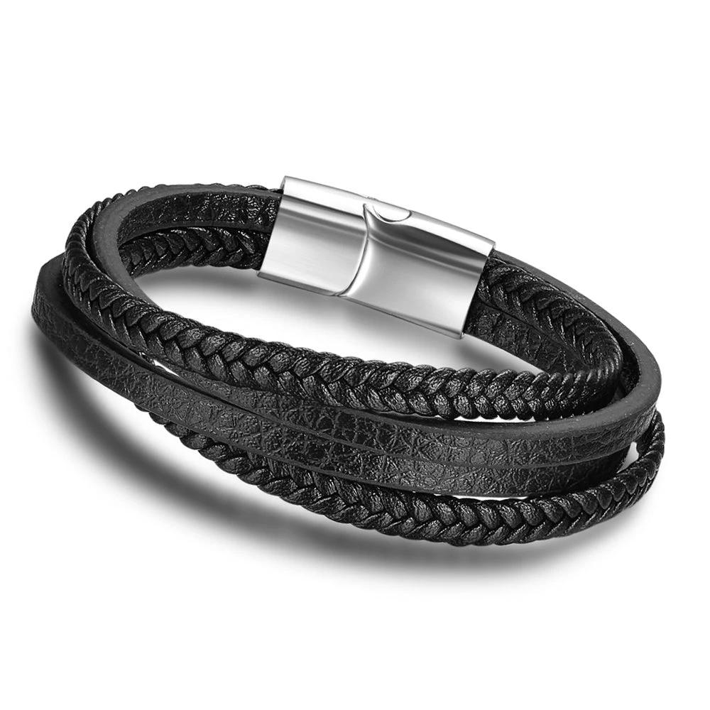 Stainless Steel Faux Leather Braided Rope Magnetic Clasp Bracelet For Men by GJG Denim