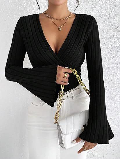Women's Autumn And Winter Rib Sunken Stripe V-neck Flared Slim-fit Long Sleeve T-shirt Elegant Women's Top by GJG Denim