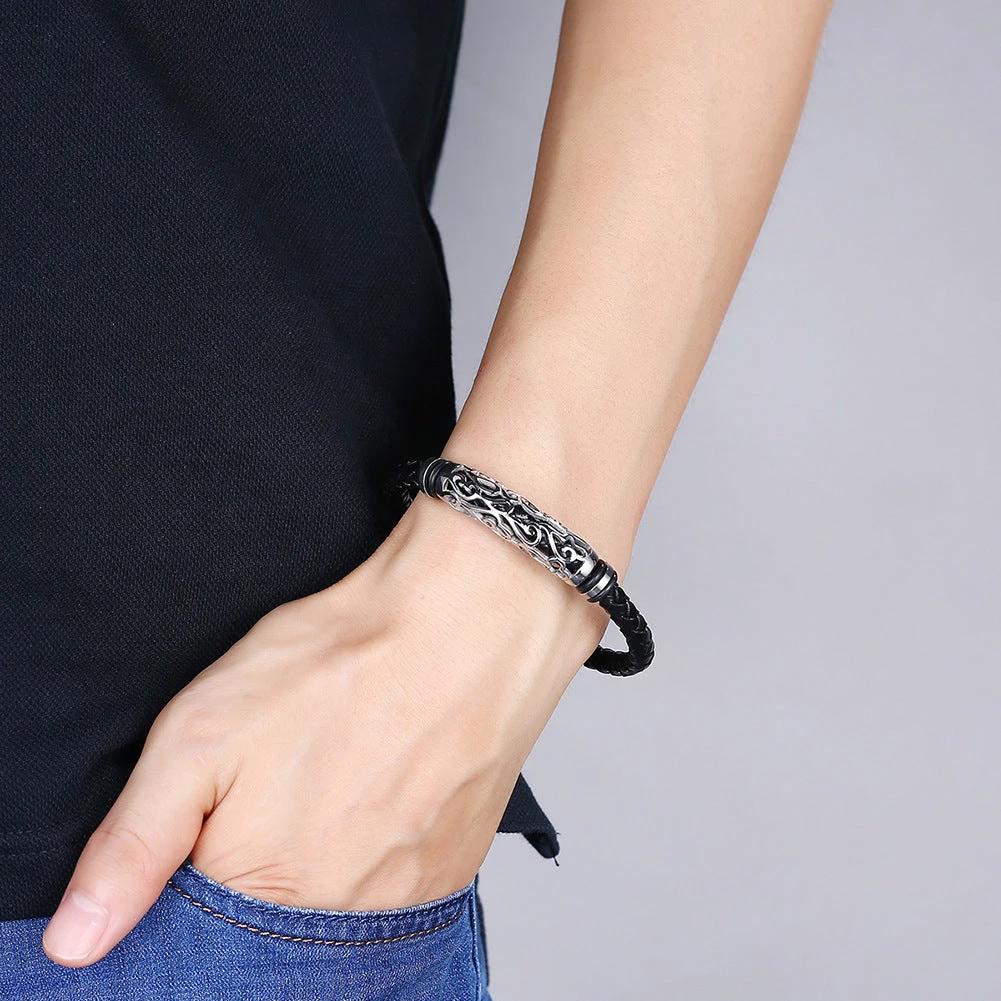 Stainless Steel Leather Bracelet For Men by GJG Denim