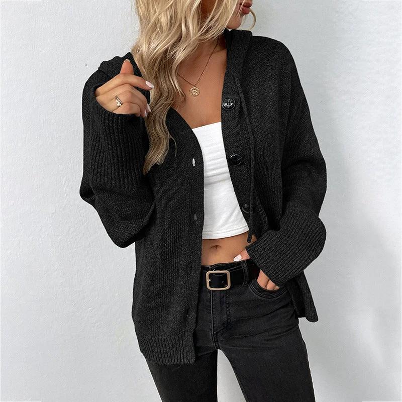 Single-breasted Hooded Sweater Women's Solid Color Cardigan Coat Clothing by GJG Denim