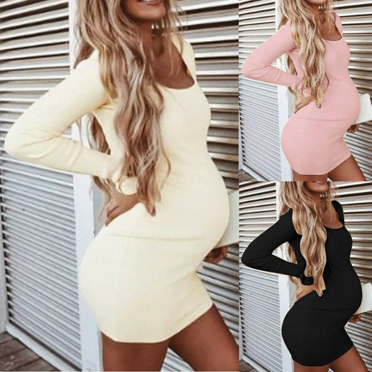 Maternity Winter Dresses Women Pregnant O-Neck Long Sleeve Solid High Elastic Soft Dress Robe Grossesse Props Plus Size Clothing by GJG Denim