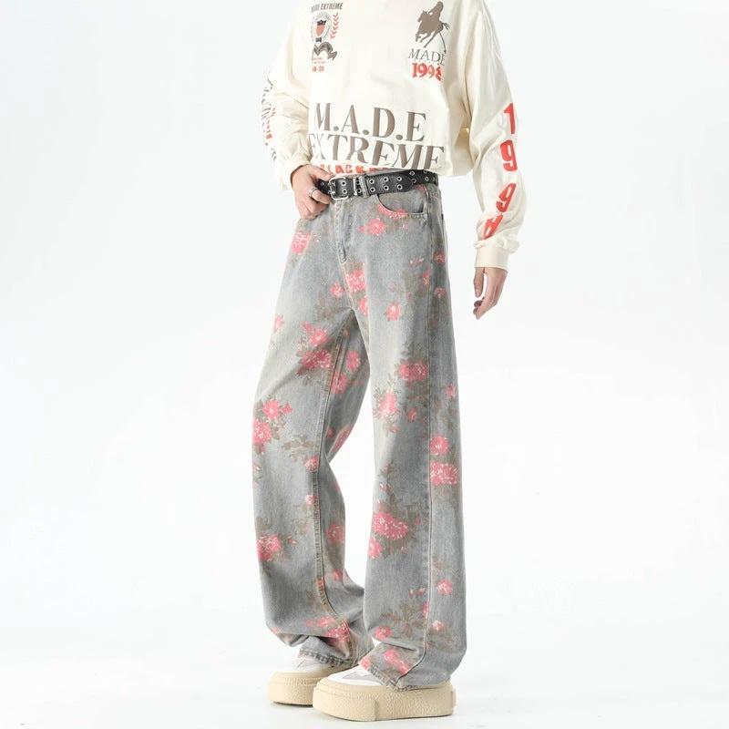 Men's Peony Jacquard Washed Loose Jeans by GJG Denim