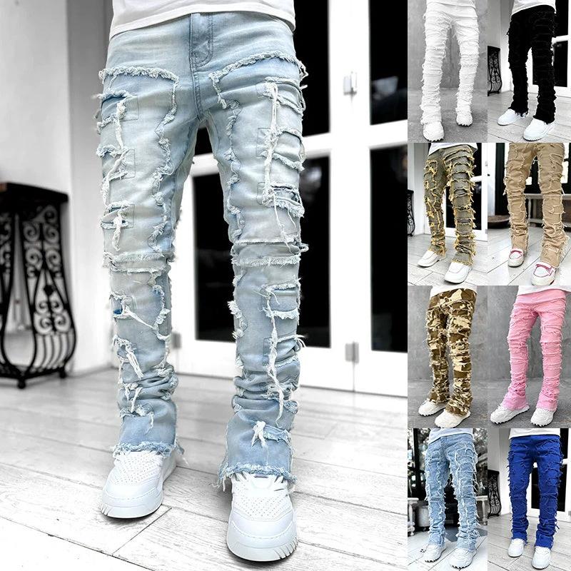 Men's Individual Patched Pants Long Tight Fit Stacked Jeans by GJG Denim