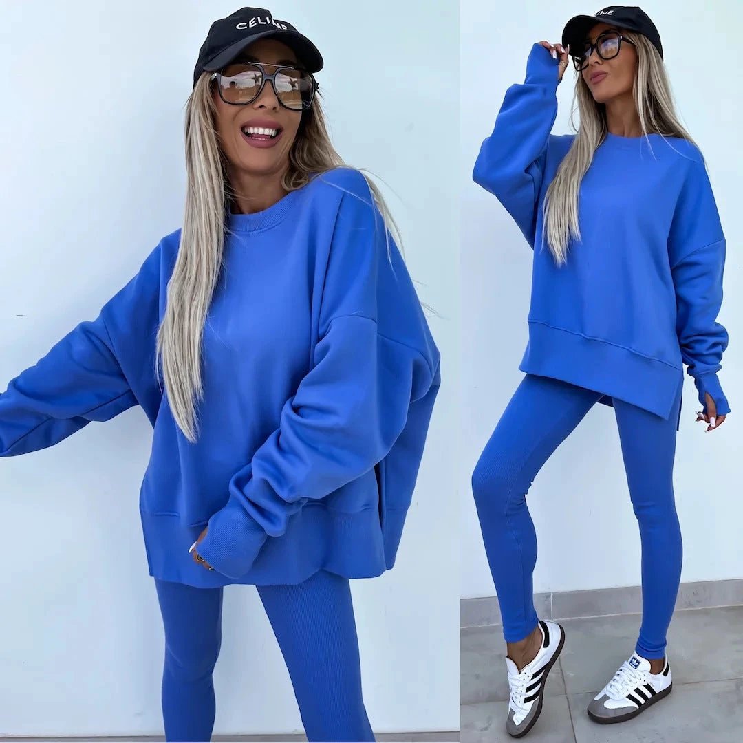 Sweater Suit Women's Casual Loose Long Sleeve Crew Neck Split Top Tight Trousers by GJG Denim