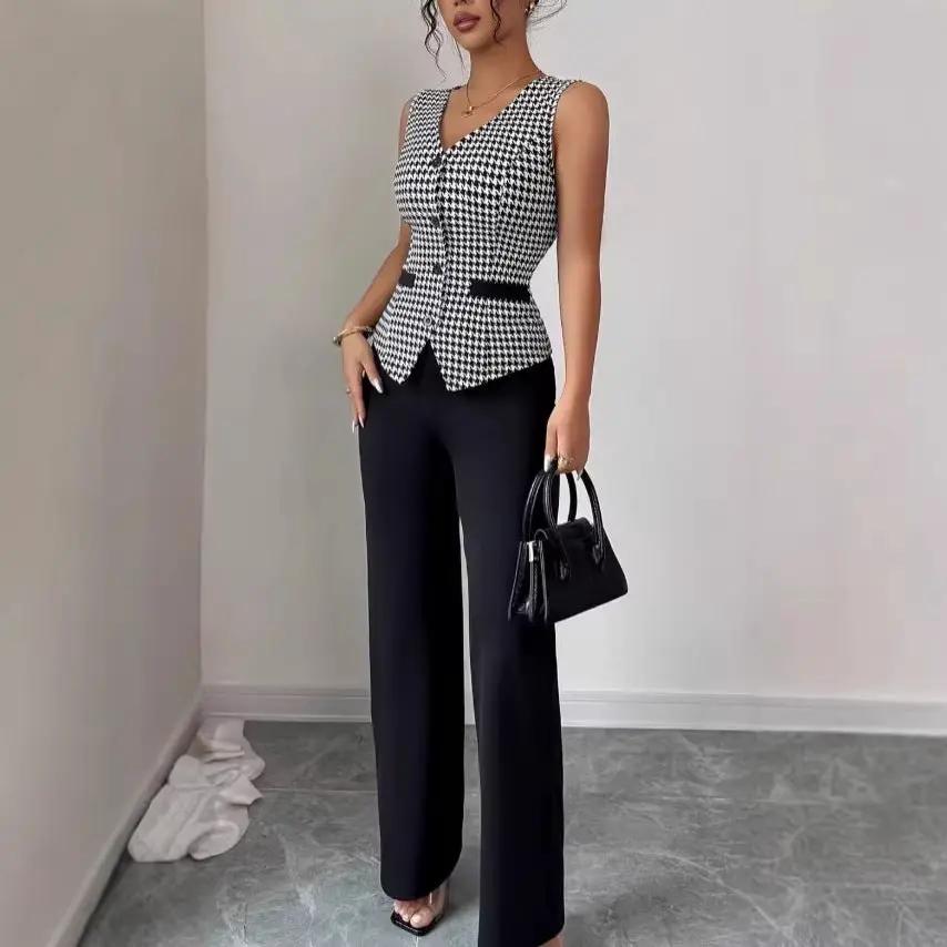 Slim-fit Vest And Solid-color Trousers Casual Suit by GJG Denim