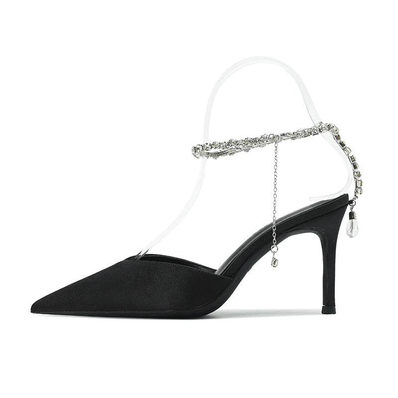 Sharp Pointed Rhinestone Chain High Heels With Fine Heels by GJG Denim