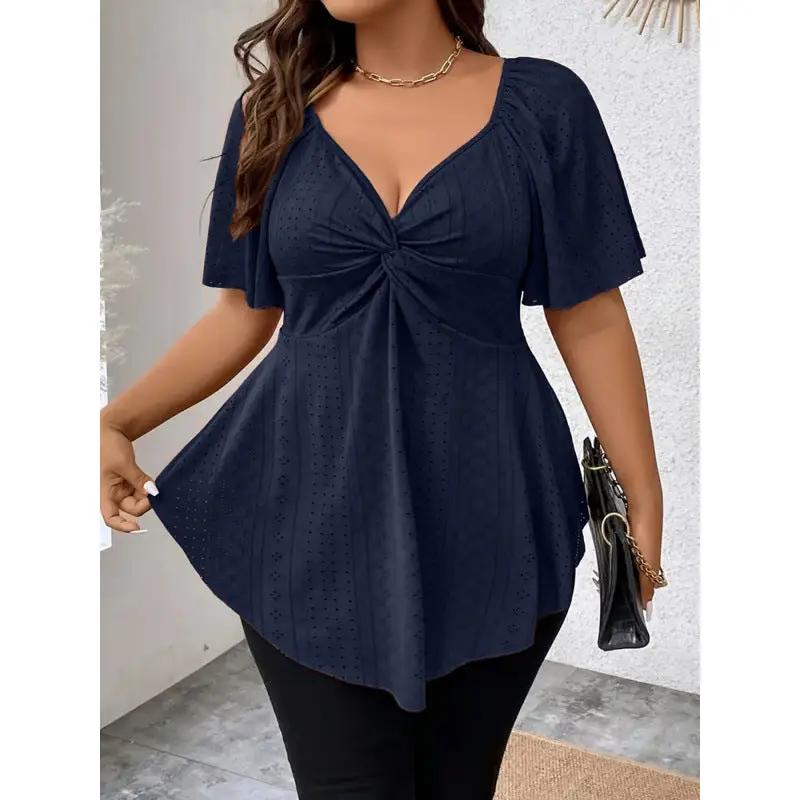 V-neck Drawstring-waist Sexy Short-sleeve Solid-color T-shirt by GJG Denim