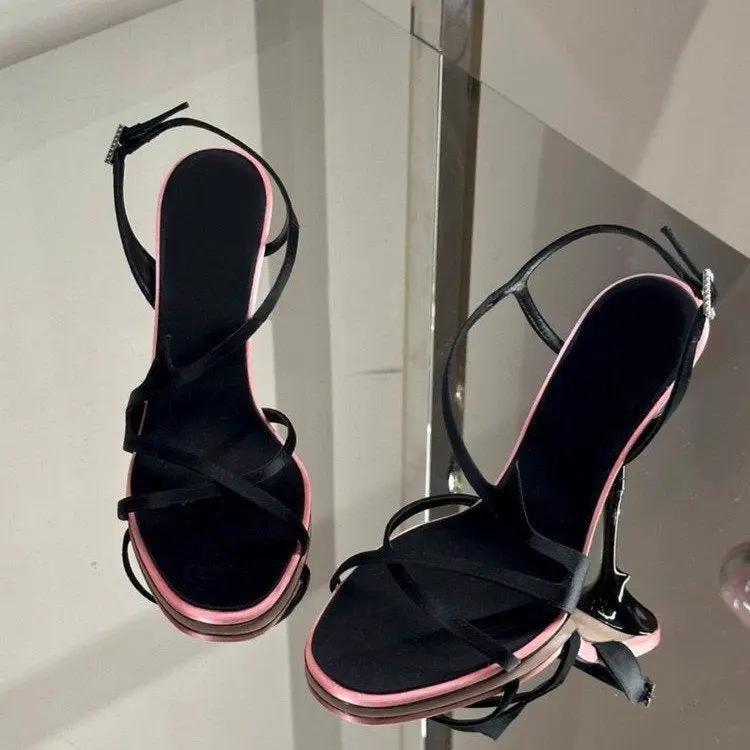 Chuyuji Black Stiletto High Heels 2026 New Summer Open Toe One Strap Satin Color Block Elegant Dating Sandals by GJG Denim