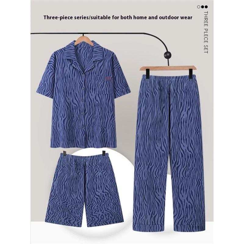 Men's Pajamas Cotton Short Sleeve Trousers Three-piece Set by GJG Denim