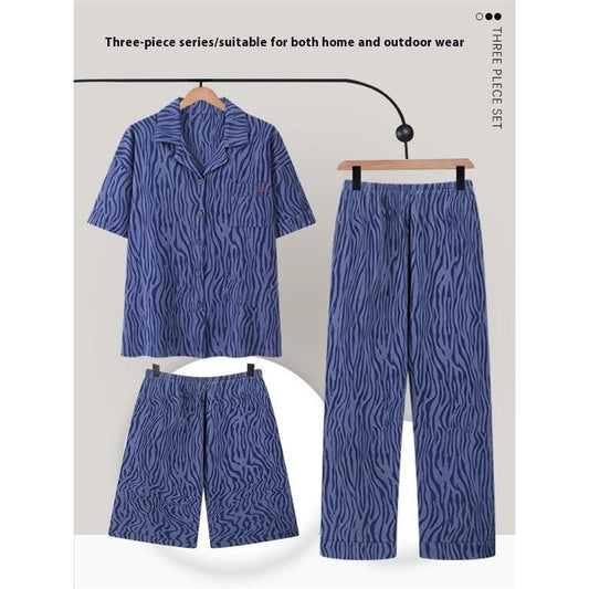 Men's Pajamas Cotton Short Sleeve Trousers Three-piece Set by GJG Denim