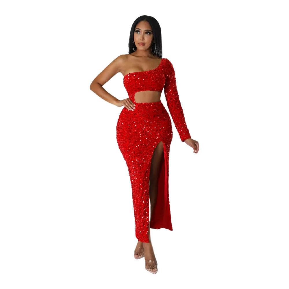 One-shoulder Fashionable Sequins Sexy Navel Split Hip Women's Clothing Dress by GJG Denim