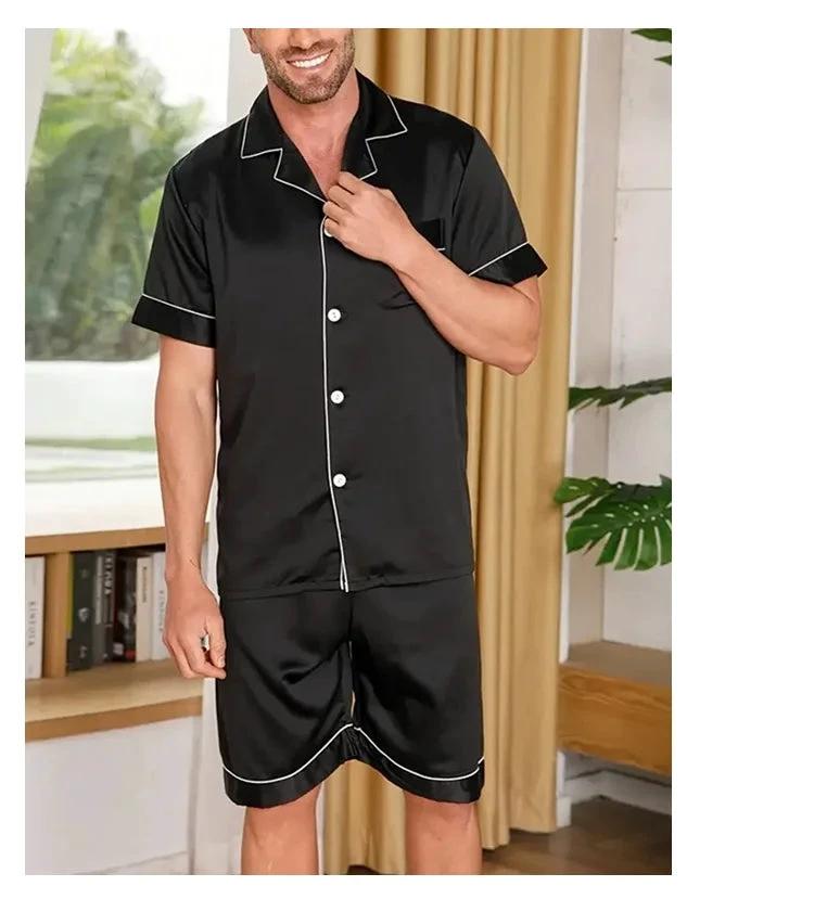Men's Lapel Casual Breathable Thin Short-sleeved Shorts Pajamas Set by GJG Denim