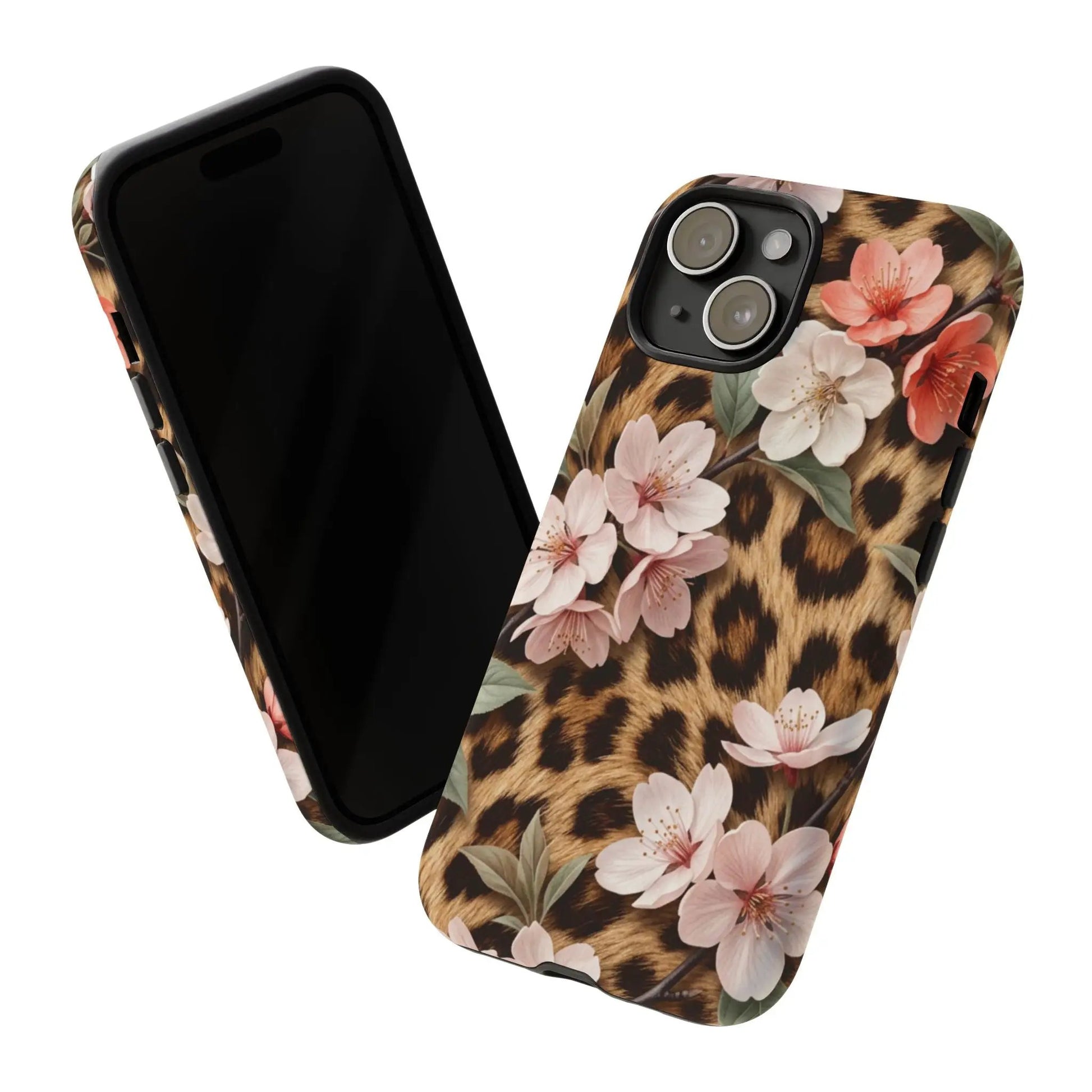 Leopard Floral Tough Case — Protective Phone Case with Pink Cherry Blossoms by Printify