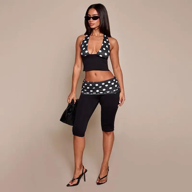 Women's Polka-Dot Printed High-Waisted Cropped Pants Set by GJG Denim