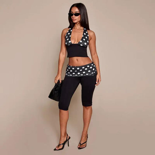 Women's Polka-Dot Printed High-Waisted Cropped Pants Set by GJG Denim
