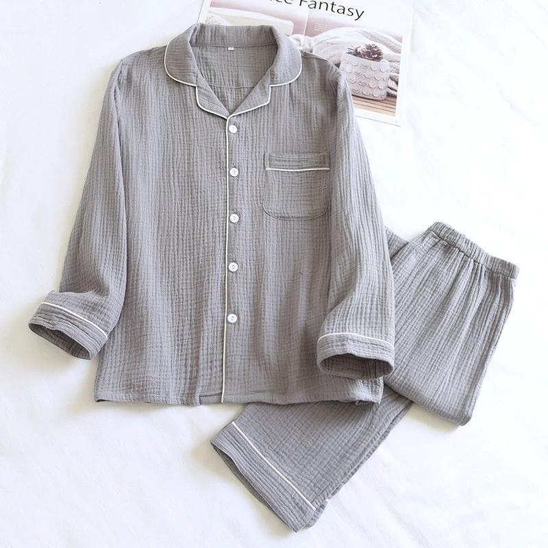 Men's Loose Double-layer Gauze Cotton Long Sleeve Pajamas by GJG Denim