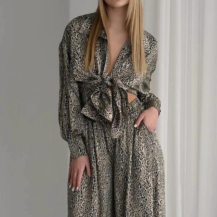 Fashionable Leopard Print Loose Ice Silk Pajamas For Women by GJG Denim