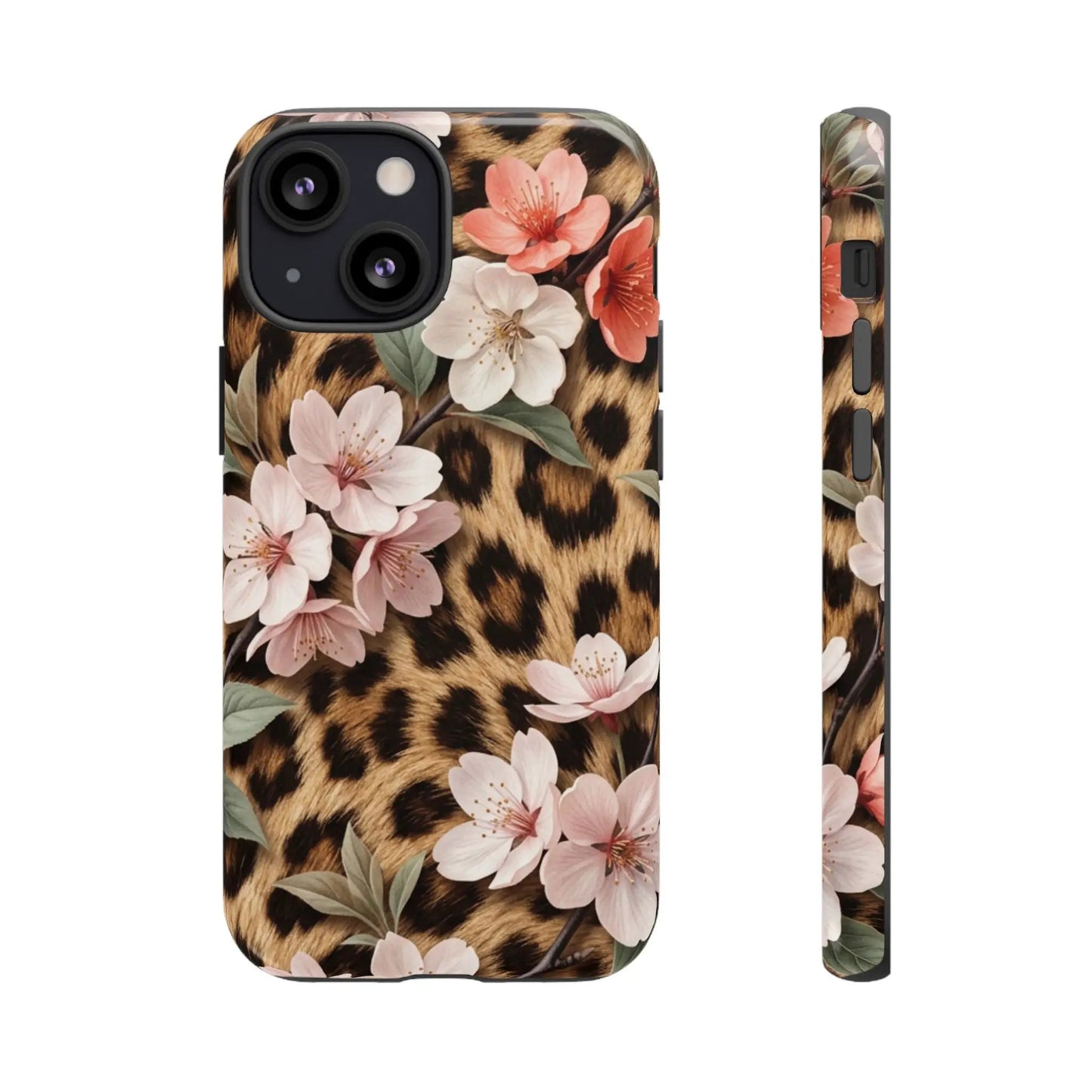 Leopard Floral Tough Case — Protective Phone Case with Pink Cherry Blossoms by Printify