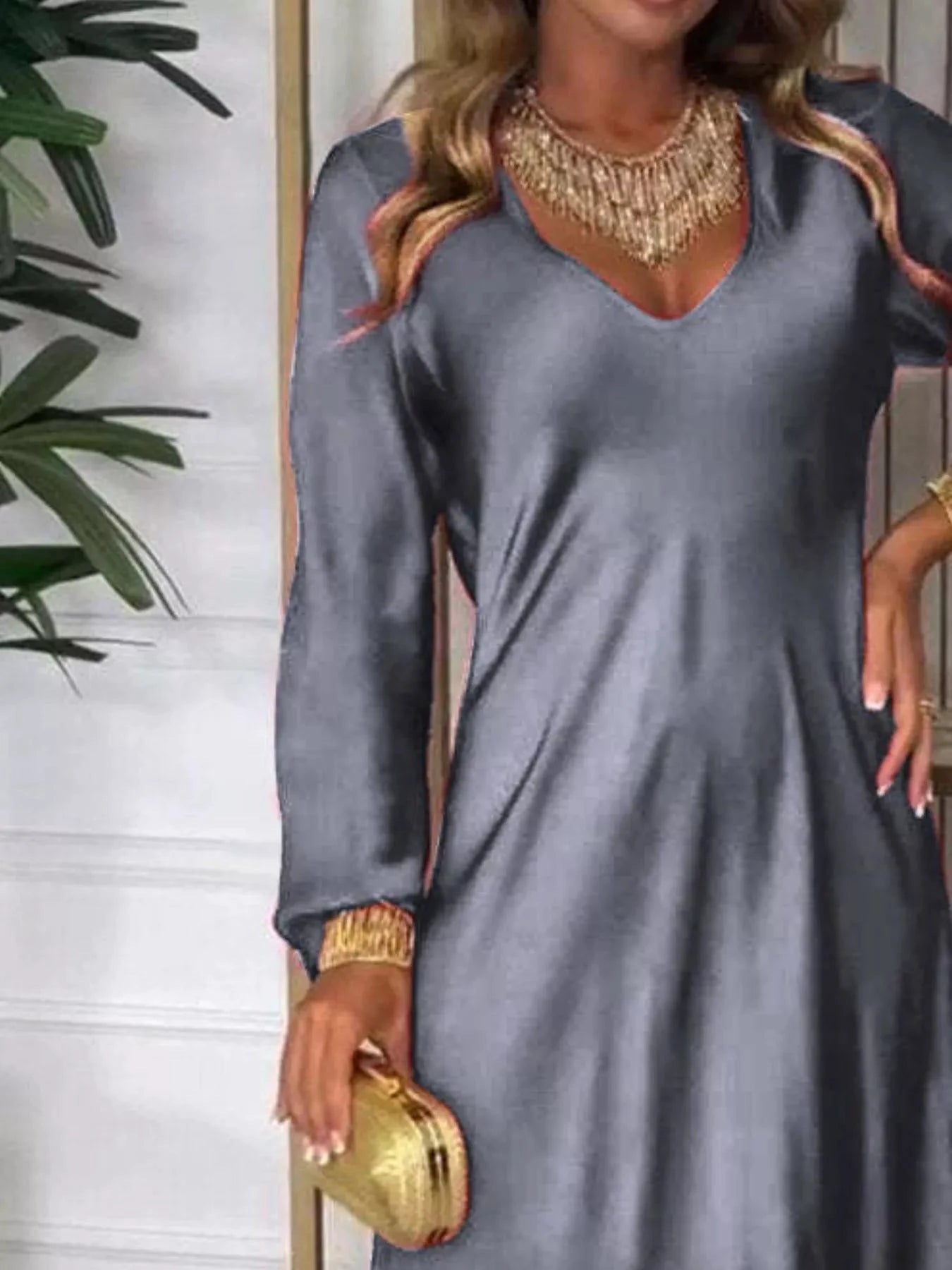 Full Size V-Neck Long Sleeve Midi Dress Plus Size by Lady Ros