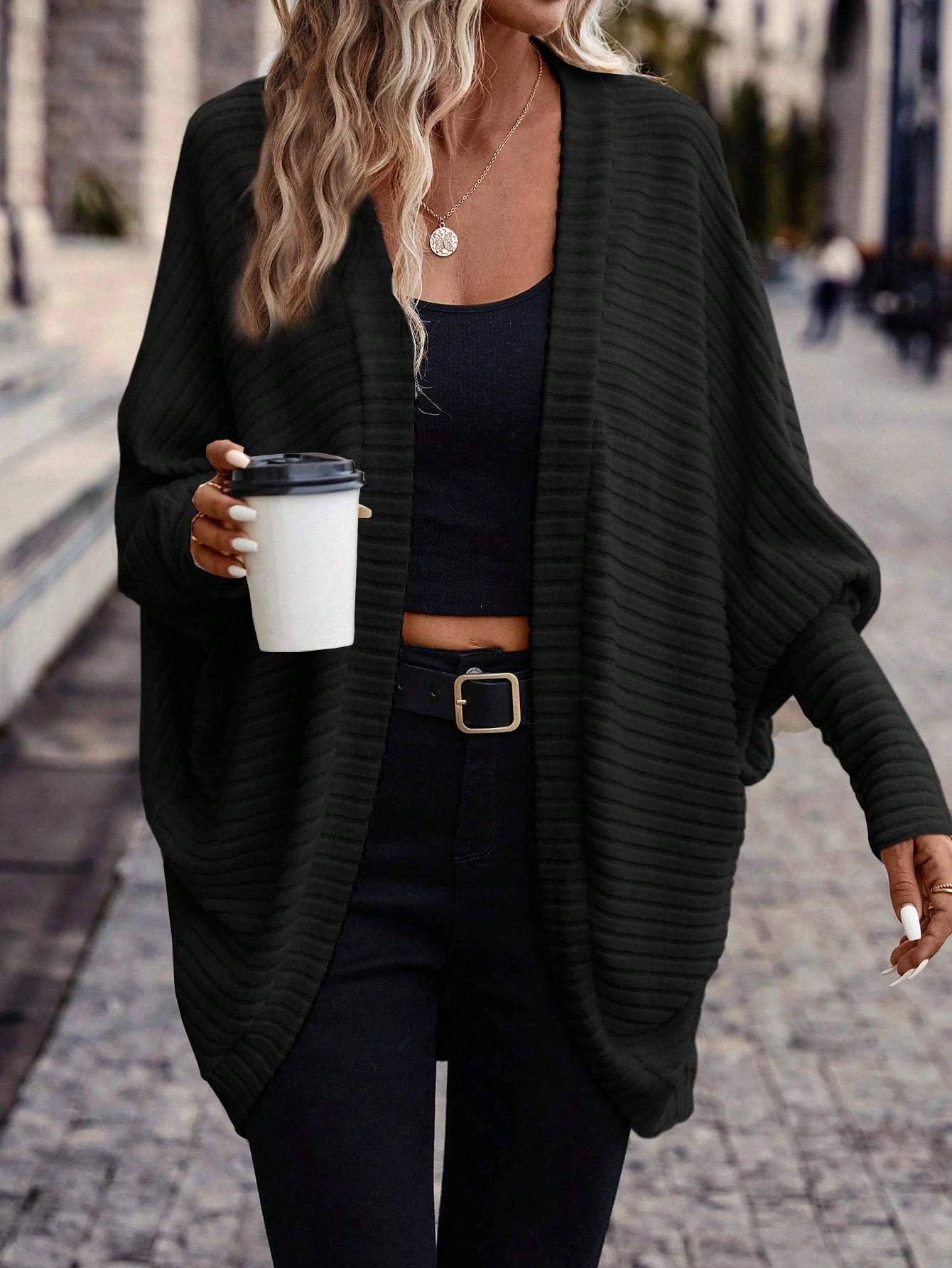 Women Solid Color Batwing Sleeve Open Front Casual Jacket by GJG Denim