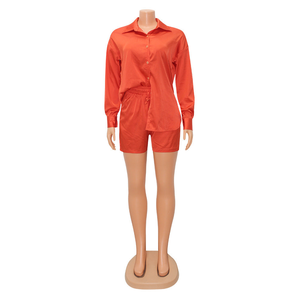 Casual Silk Long Sleeved Two-piece Shorts Set For Women by GJG Denim