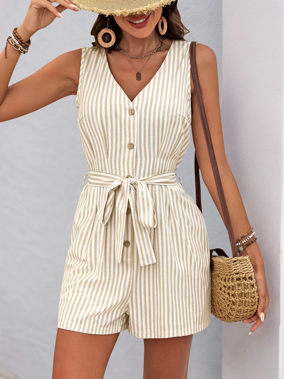 Perfee Striped V-Neck Tie Waist Romper by Lady Ros