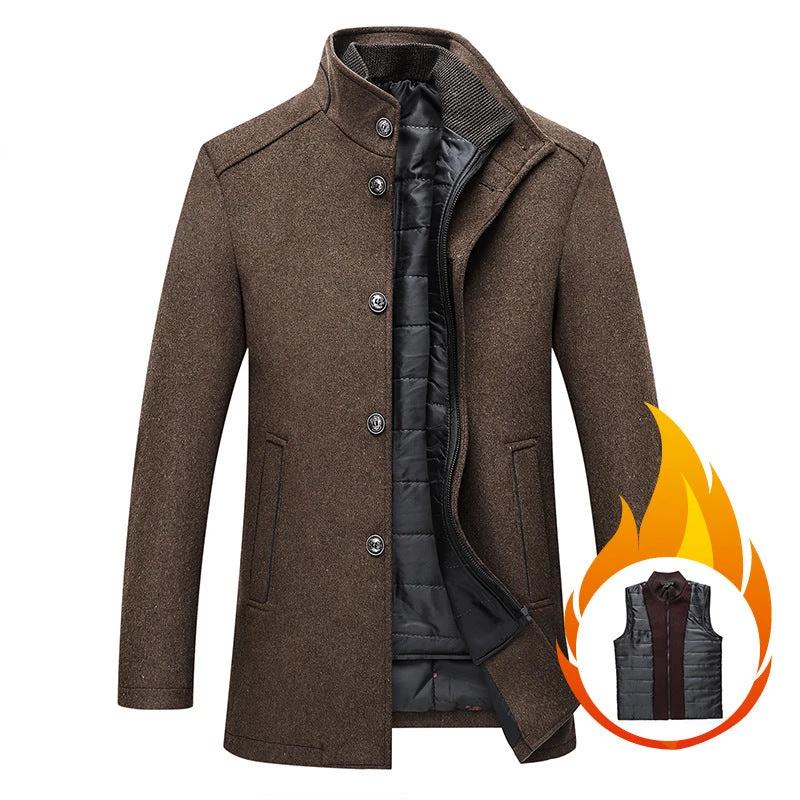 Solid Color Casual Men's Woolen Trench Coat by GJG Denim