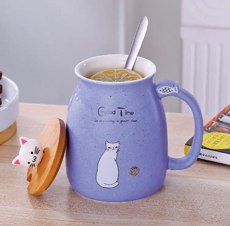 450ml Cartoon Ceramics Cat Mug With Lid and Spoon Coffee Milk Tea Mugs Breakfast Cup Drinkware Novelty Gifts by GJG Denim