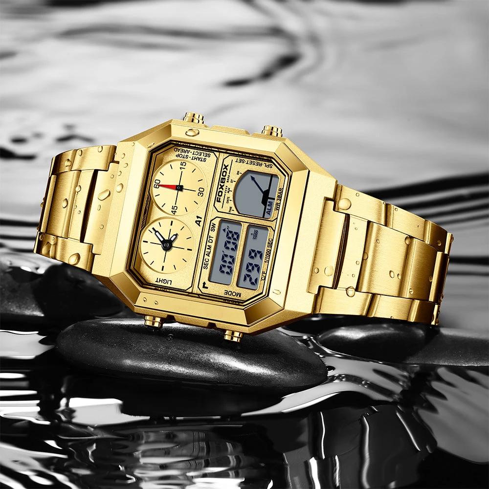 Dual Display Multifunctional Waterproof Alarm Clock Luminous Sports Watch For Men by GJG Denim