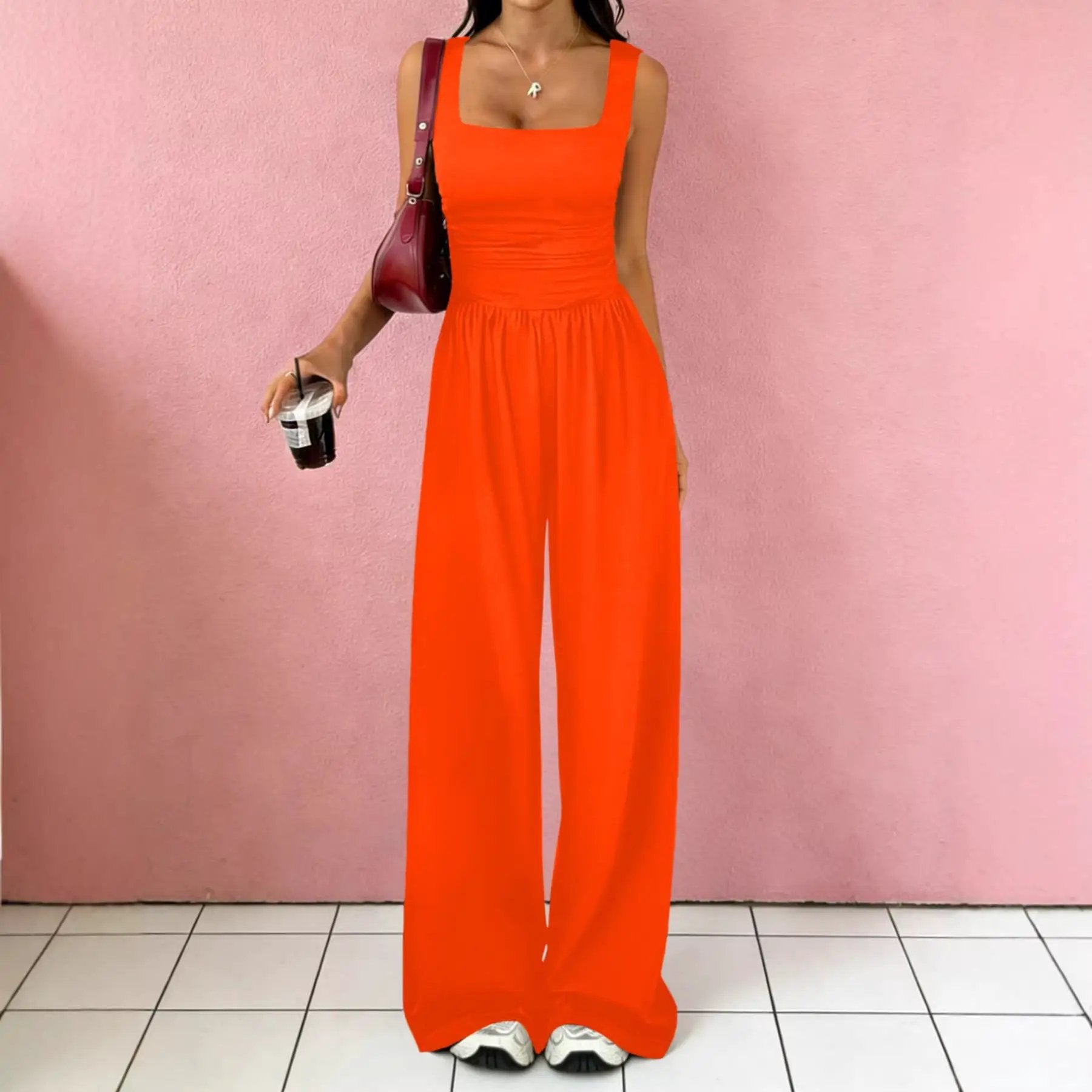 Solid-Color Sexy Tank Top Casual Wide-Leg Pants Two-Piece Set by GJG Denim