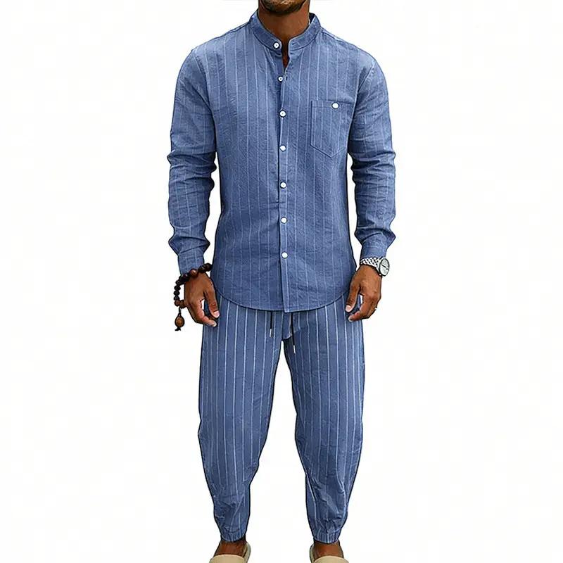 High-street Striped Henley Shirt Jogger Pants Set by GJG Denim