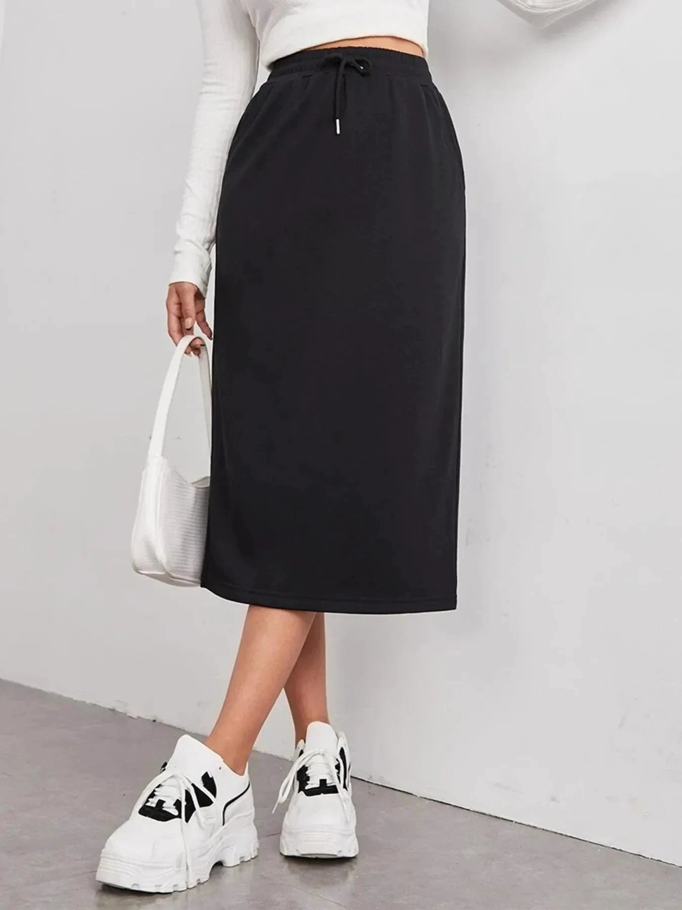 Slit Drawstring Midi Skirt by Lady Ros
