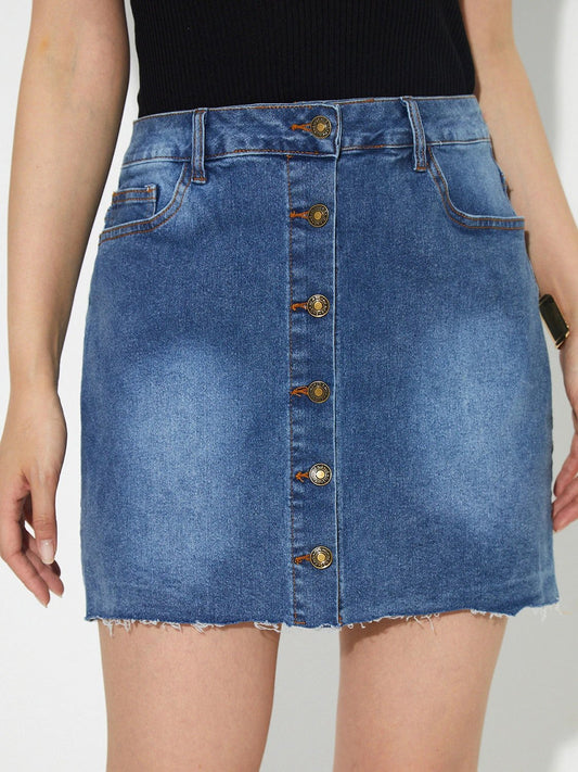 Pocketed Button Up Denim Skirt by Lady Ros
