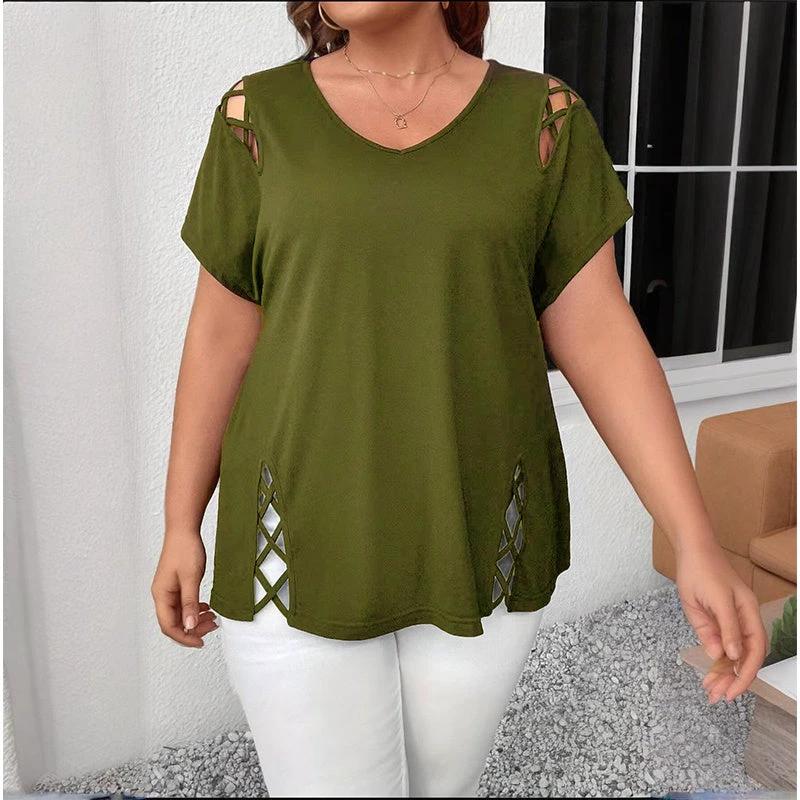 Women's Plus Size Criss Cross Short Sleeve V Neck T-Shirt Tops by GJG Denim