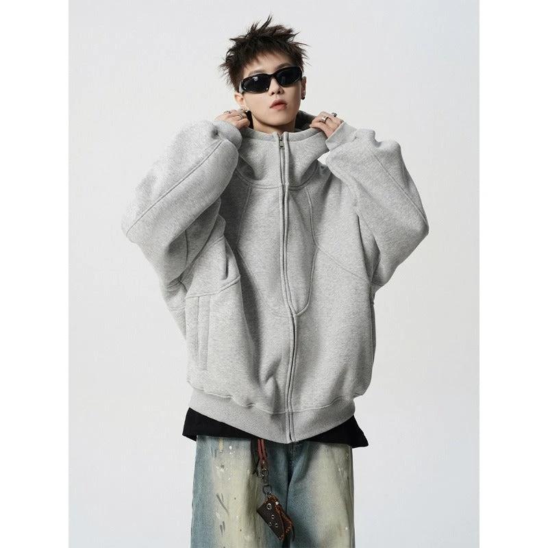 Men's Loose Design Stitching Zip-up Hooded Sweater by GJG Denim