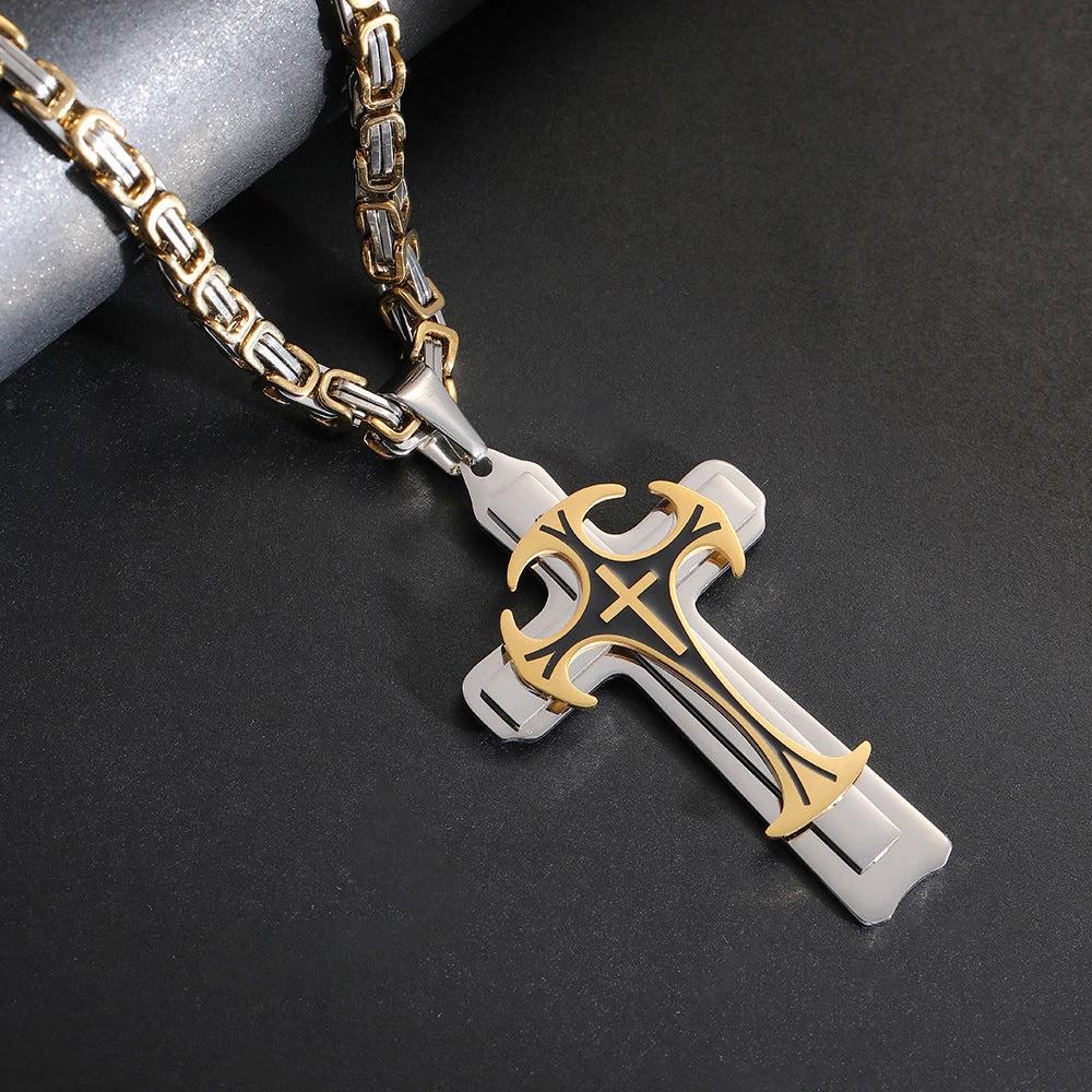 Christian Trinity Latin Cross Necklace For Men Stainless Steel Three Layers by GJG Denim