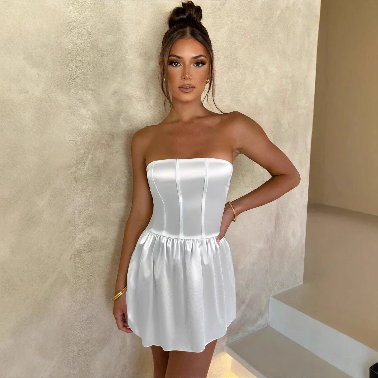 Slim Fit Satin Tube Top Bud Dress by GJG Denim
