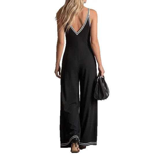 Womens V-Neck Casual Loose Backless Wide-Leg Jumpsuit by GJG Denim