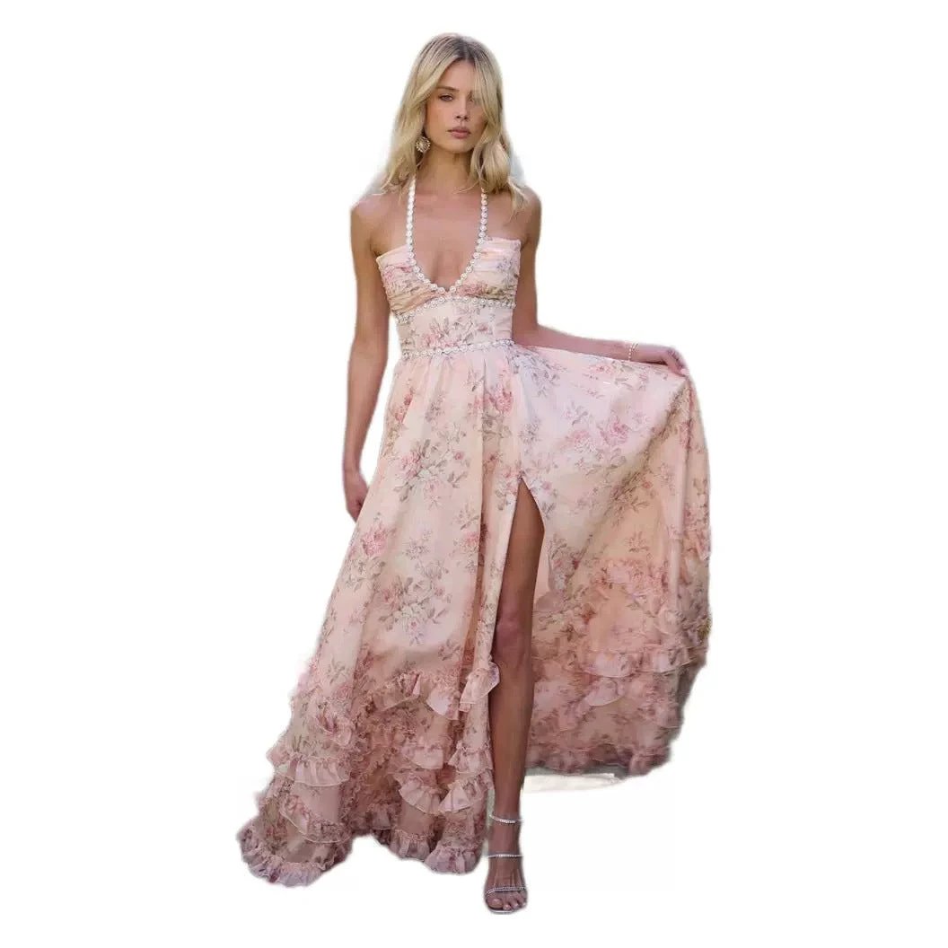Floral Printed Expansion Ruffle Dress Front Split by GJG Denim