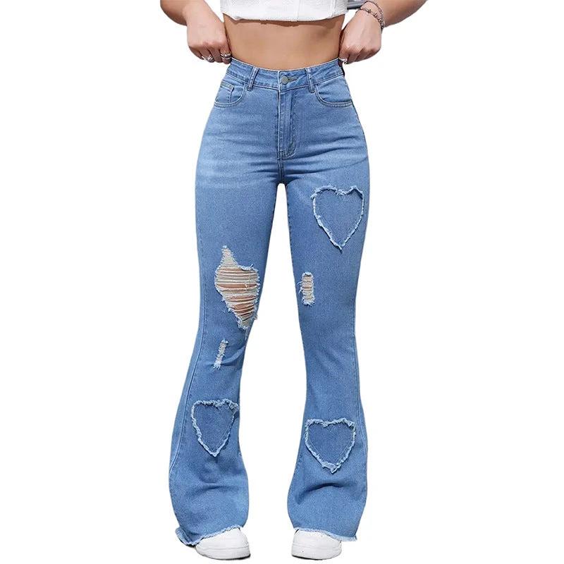 Washed Casual Heart-shaped Ripped Stretch Flared Jeans by GJG Denim
