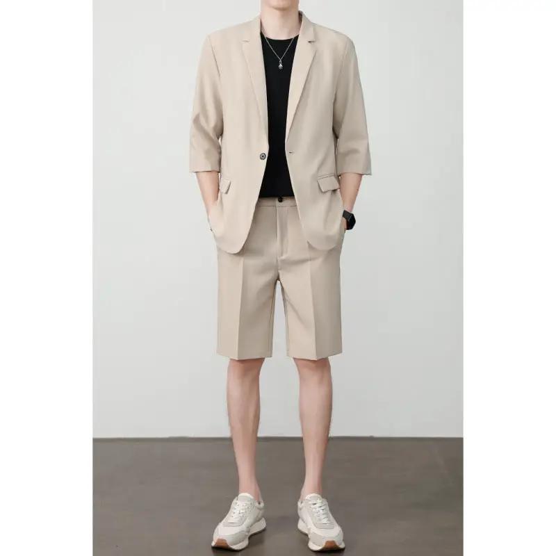 Thin Short-Sleeve Suit Mens Casual Cropped-Sleeve Jacket Half-Sleeve Suit Set by GJG Denim