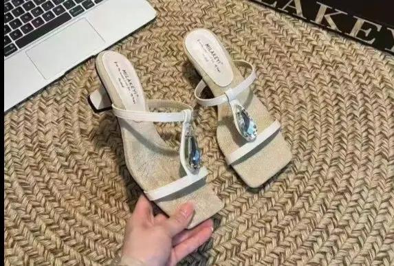 French Wedge Sandals For Women, Summer New Arrival Fairy Style square toe Thin Strap T-Strap Buckle Elegant Rhinestone Dress Sandals by GJG Denim