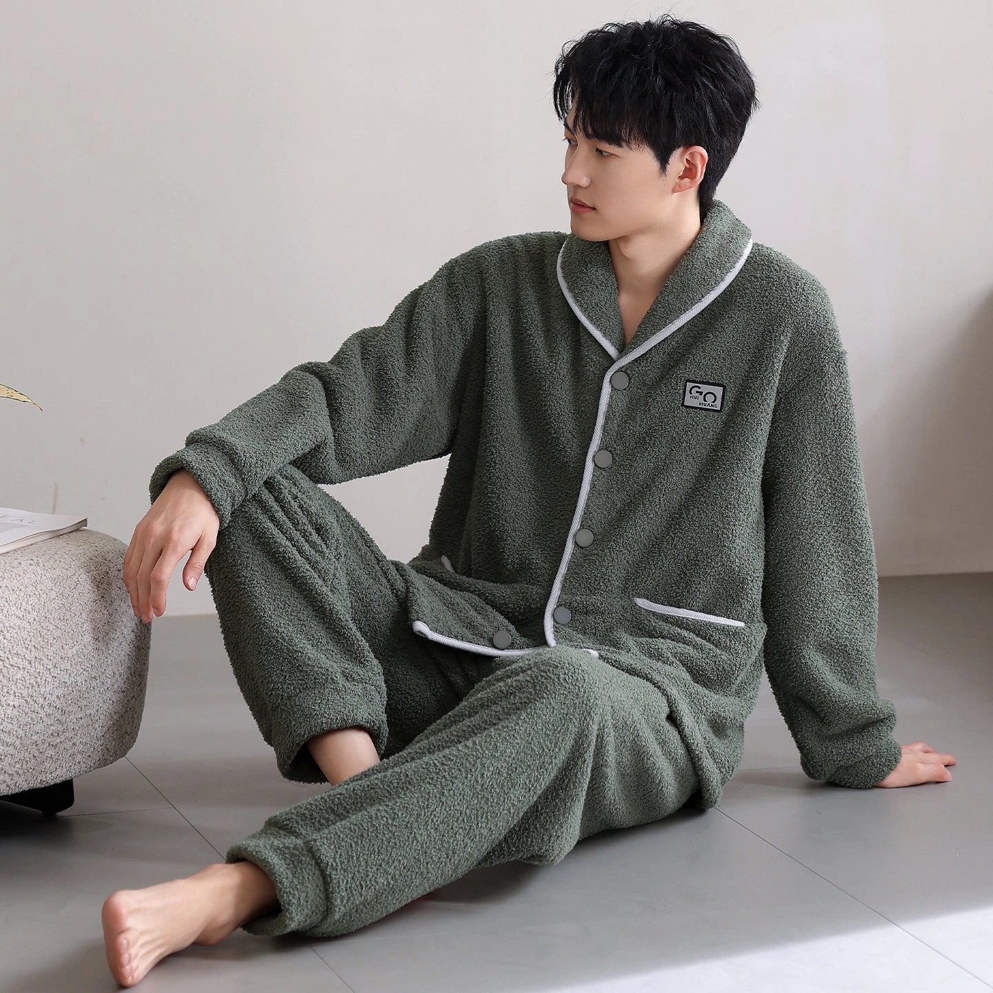 Men's Flannel Thick Warm Long Sleeves Fleece Pajama Set by GJG Denim